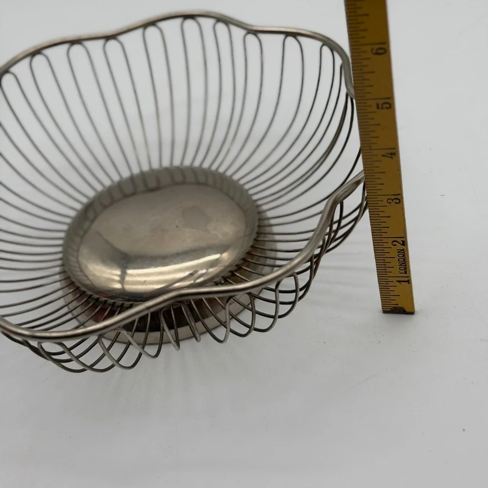 Vintage Silver Tone Wire Fruit Basket Scalloped Rim Mid Century Modern Style